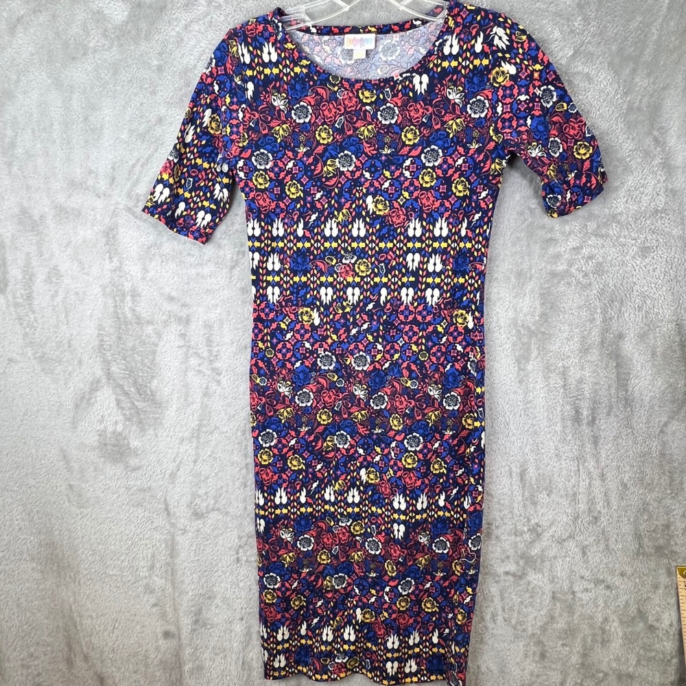 LuLaRoe Julia Dress XXS Floral Geometric Short‎ Sleeve Bodycon Eclectic Modest